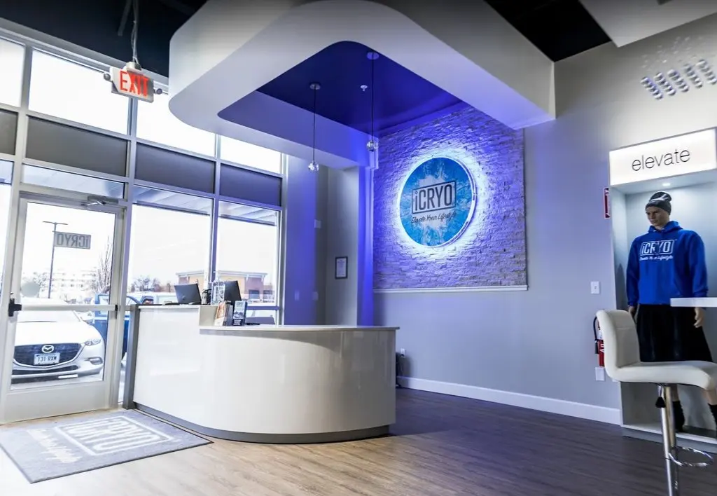 iCRYO Avon CT interior — modern wellness center reception in Avon, Connecticut with illuminated iCRYO logo